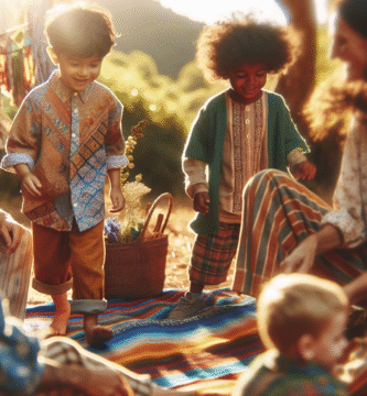 Lyse, varme bilder med barn i slitesterke, fargerike og bærekraftige klær som leker ute. Fokus på tekstur, naturlige materialer og omsorgsfull foreldre-barn interaksjon.